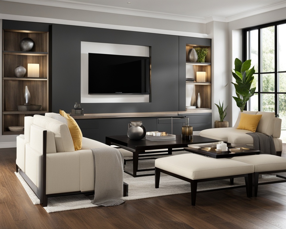 furniture arrangement in black and cream living room