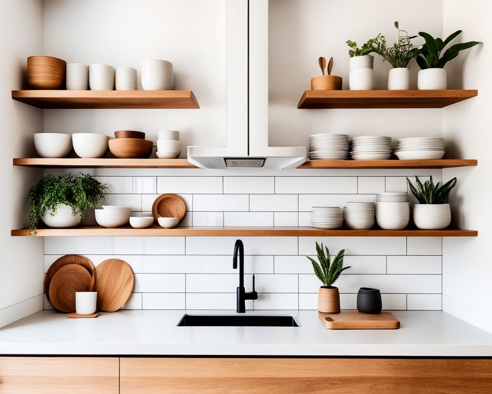 open shelving in japandi kitchen